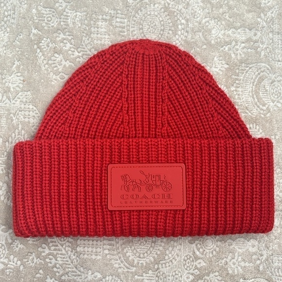 NWOT Coach Ribbed Knit Patch Beanie Sport Red Winter Cap Cuffed Hat